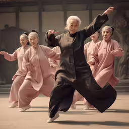 a man is in an oriental dance pose,an old man is dancing with his family