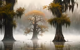 fog, trees and some moss on the water