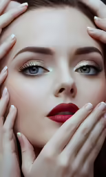 woman with a beautiful red dress posing with her hands on her face