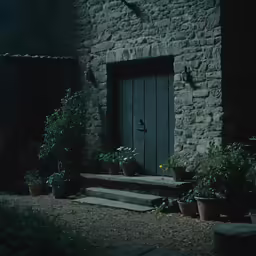 the outside of an old stone building with plants