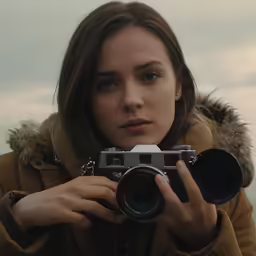 a woman holding a camera next to some water