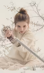 a girl in a long dress holding a sword in the snow