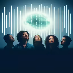 a group of people are shown in front of a neon glowing cloud