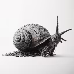 snail in shell sitting upright on pile of chips