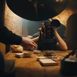 a man standing next to a camera and taking pictures