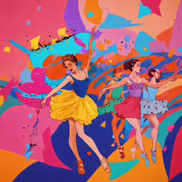 a painting of women dancing and jumping,the four women are walking across a colorful painting