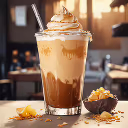 a iced drink with ice cream and fruit,a chocolate iced beverage in a glass next to some candies on a table