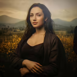 a woman is standing in a field by some mountains