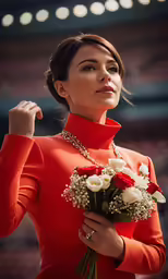 a woman is holding onto roses in her hands