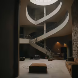 a living room filled with lots of furniture and a spiral stair case