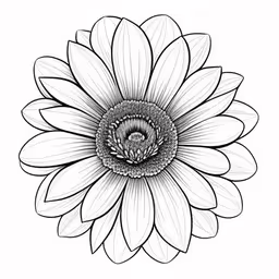 black and white drawing of a large flower,an abstract drawing of a sunflower with the center in black and white