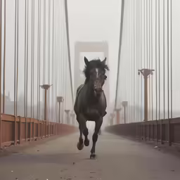 a horse running along a bridge in the fog