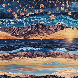 there is a painting with a sky background and the mountains are mostly covered by snow