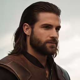 a man with long hair and a beard looks off into the distance