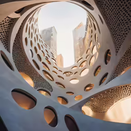 a high rise with an architecture sculpture in the foreground