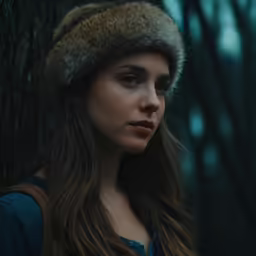 a woman in fur hat stares out from behind trees