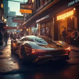 a brown sports car in front of a city cafe
