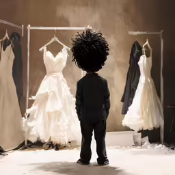 a toddler looks at gowns on display in an artistic fashion store