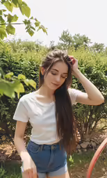 a young woman with long hair is standing outside