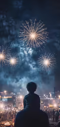 person watching fireworks from a street corner at night