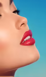 a woman with red lipstick is photographed against a blue sky