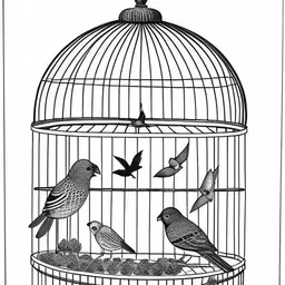 three birds are in a cage with bird seed,a bird sits in a cage and some birds fly around,several birds in a birdcage flying away,an illustration of four birds in a cage,several birds are perched on a cage and eating bird seeds