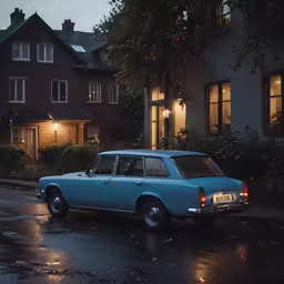 an old style blue car parked on the side of a street