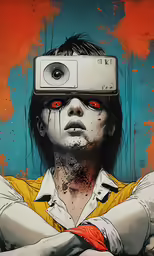 a person with red eyes wearing a vron