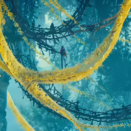 a man stands on the branch of an upside down tree