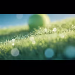 a green ball is in the grass with some little drops