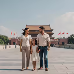 two women and a man holding hands standing on the ground in front of a building
