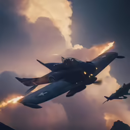 two airplanes with lights on flying into the sky