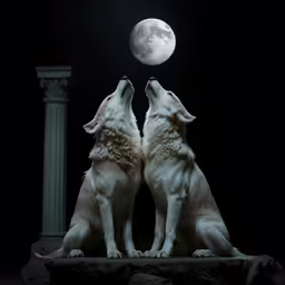 two white dogs are sitting in the dark