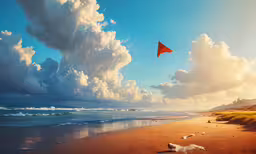 the kite flies high above the beach near the water