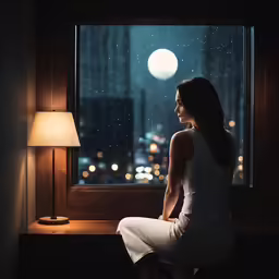 a beautiful woman in white dress looking out of a window