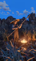 a girl in traditional japanese dress holding two bamboo poles over fire