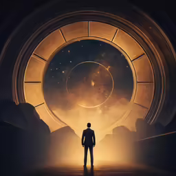 a man standing in front of a sci - fi tunnel