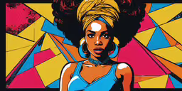 a woman with an afro in front of a colorful painting,a woman with afros in a graphic art work