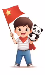 a little boy holding up a panda bear