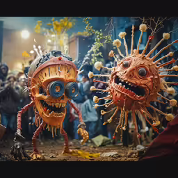 two masks with teeth and mouth paint with people watching them
