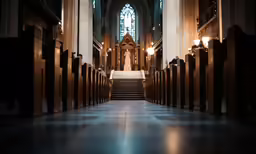 a view of a church from the steps looking up at the altar
