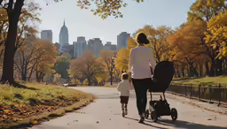 mother and child walking down a paved park path in the fall