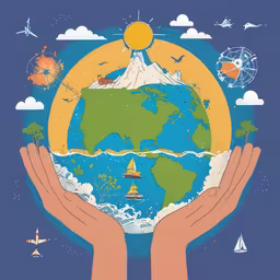 two hands holding a globe over blue sky and white clouds,a painting of two hands holding a globe with other symbols on it