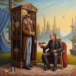 a painting of two men sitting together in front of a book store,a painting of two people sharing a meal in front of a grandfather clock,a painting of two men holding a piece of food,a man is sitting in a chair while another looks at a painting,this is an image of a man with his hand in a bottle