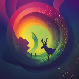 a painting of a colorful, circular design with a deer looking at the sun