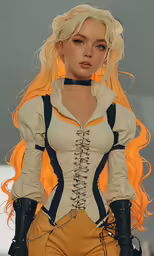 a doll on a runway with an orange wig