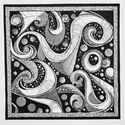a black and white image of a square shaped painting with abstract design on the back