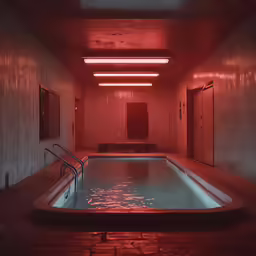 a large pool sits in a dimly lit room