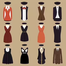 a group of various types of clothing on mannequins,an illustration of suit and tie styles for people
