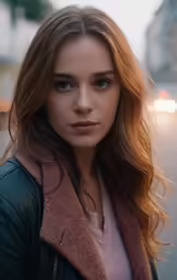 the woman is wearing a leather jacket and posing for a photo
